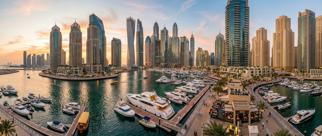 Luxury yachts docked at Dubai Marina with skyscrapers at sunset