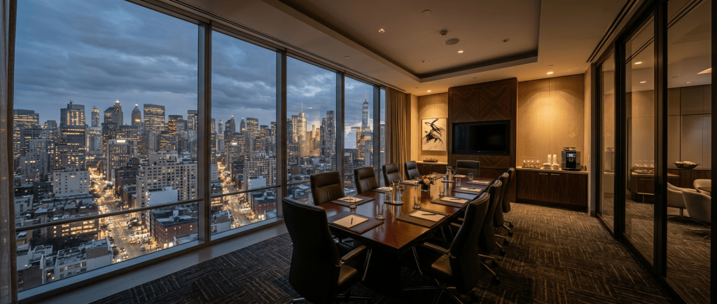 Conference room with dark chairs around a wooden table and large windows showing city skyline at dusk
