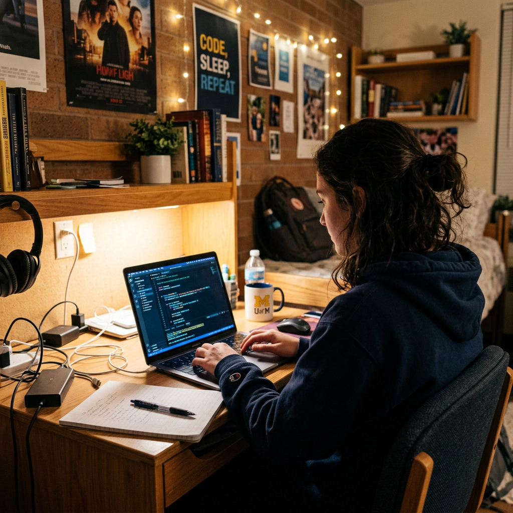 Student typing code on laptop at wooden desk in dorm room
