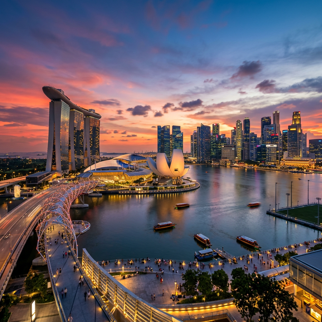 Marina Bay Singapore skyline with waterfront, Marina Bay Sands hotel, and sunset sky