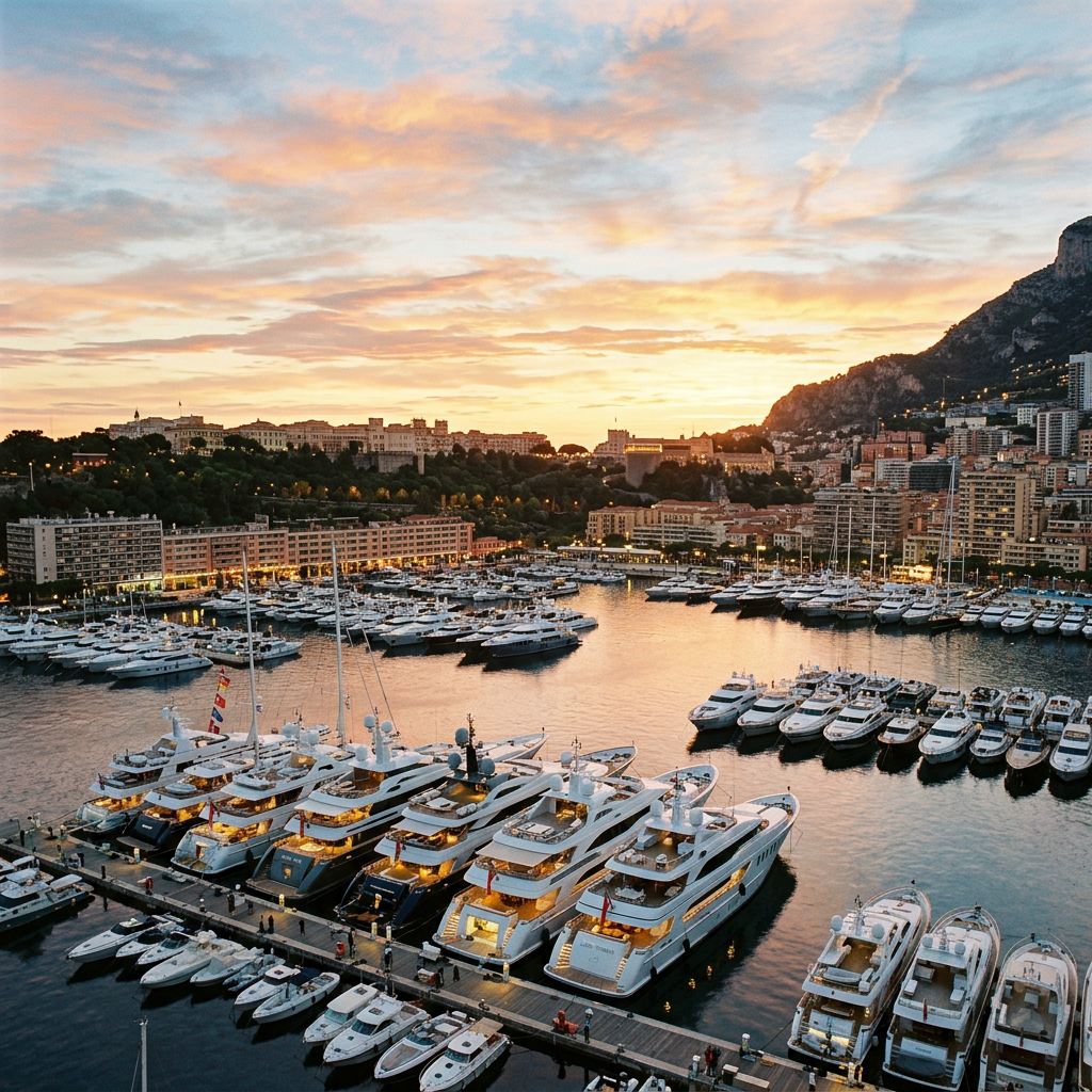 Luxury yachts docked at a marina during sunset with a city and hills in the background