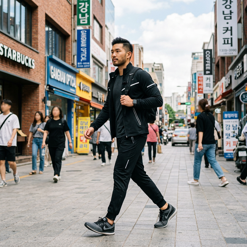 Man in black athletic outfit walking on busy urban street with shops and pedestrians