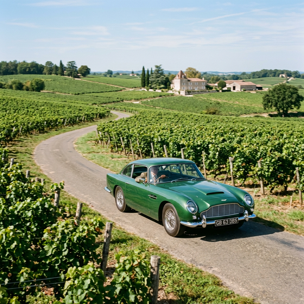 Green classic Aston Martin DB5 driving on a narrow road through green vineyards with a farmhouse in the background
