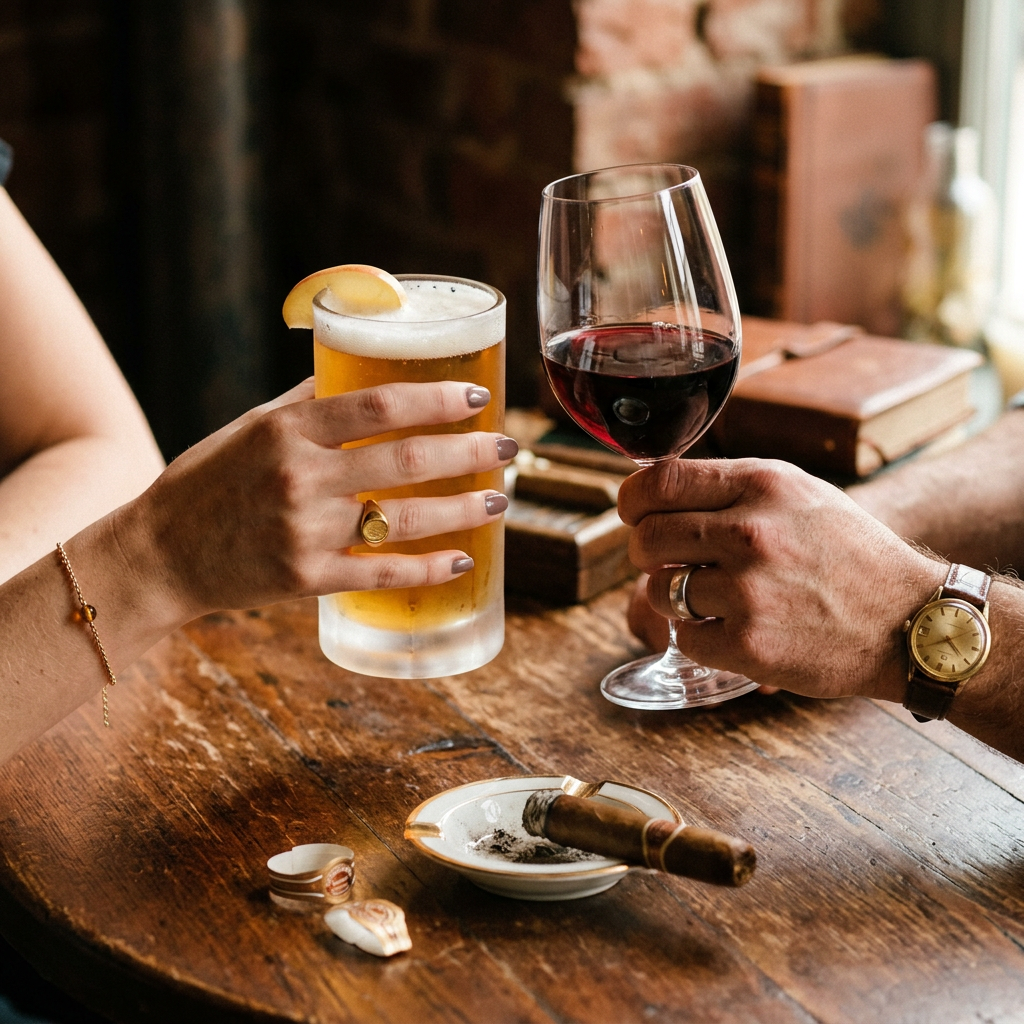 Hands toasting with a glass of beer and a glass of red wine over a wooden table