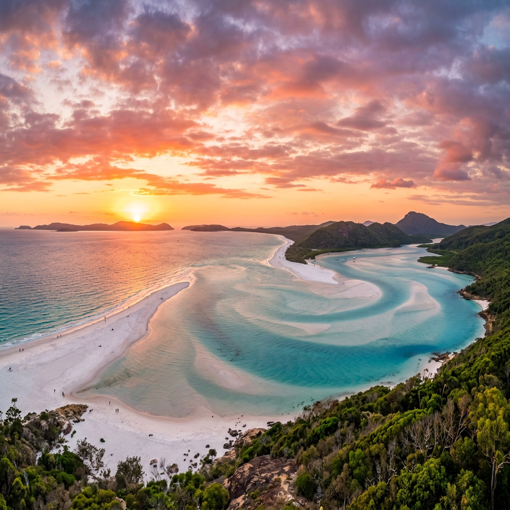 Curved tropical beach with turquoise water and green hills at sunset