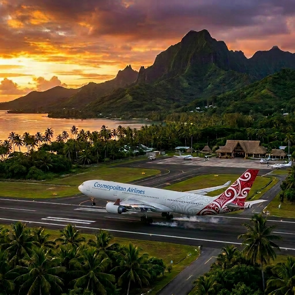 Qantas Airbus A330-300 landing on tropical runway with mountains and sunset